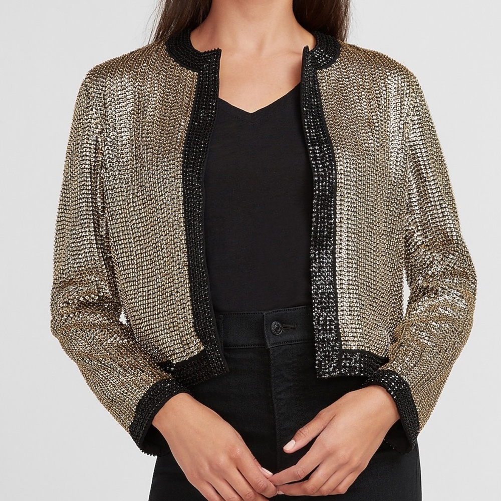 EXPRESS Gold Black Trim Sequin Embellished Contrast Jacket Blazer Cardigan Small